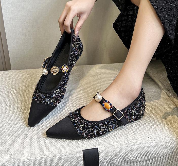 

Модные дизайнерские балетки женские лоскутные твидовые балетки балерины женские с острым носком с каменным ремнем лоферы на танкетке мокасины 34 чёрный