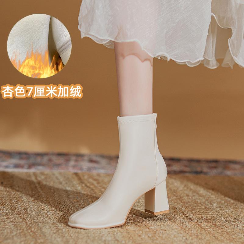 Leather thick heel high heel boots women's autumn and winter velvet new thin boots with skirt white short boots