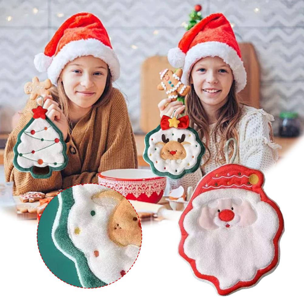 Christmas Hand Towels 2025 Elk Santa Tree Pattern Cleaning Cloth Coral Fleece Plush Towel Absorbent Hang Wipe Xmas Decor