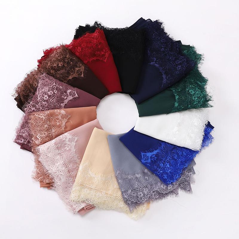 Women Big Size Plain Solid Rayon Cotton Hijab Scarf Lady Lace Trim Wrap Shawls  Islamic Turban Ramadan Muslim Headband 170X70Cm