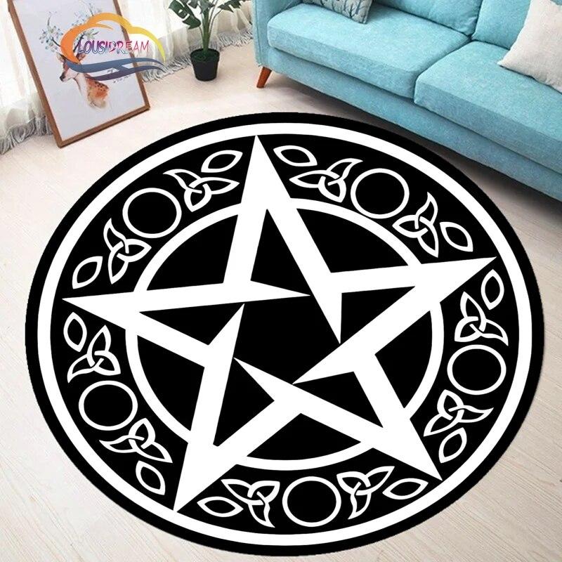Pentagram Carpet Moon Satanic Round Rug Skull &  , Wicca  White  On Black  Goth Home Decor Chair Mats