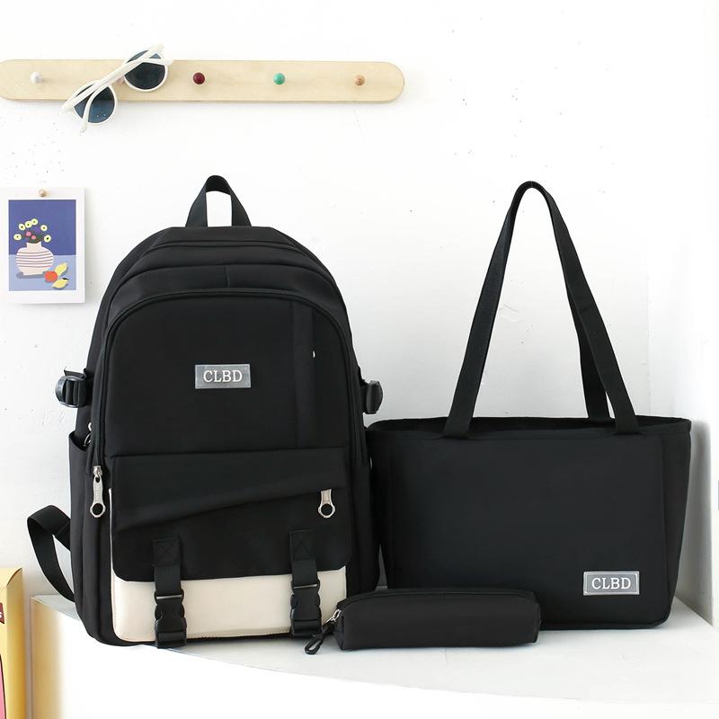 Three-Piece Backpack Set College Style Women Colored Block Large Capacity Backpack Student Schoolbag with Lunch Bag Pen Bag