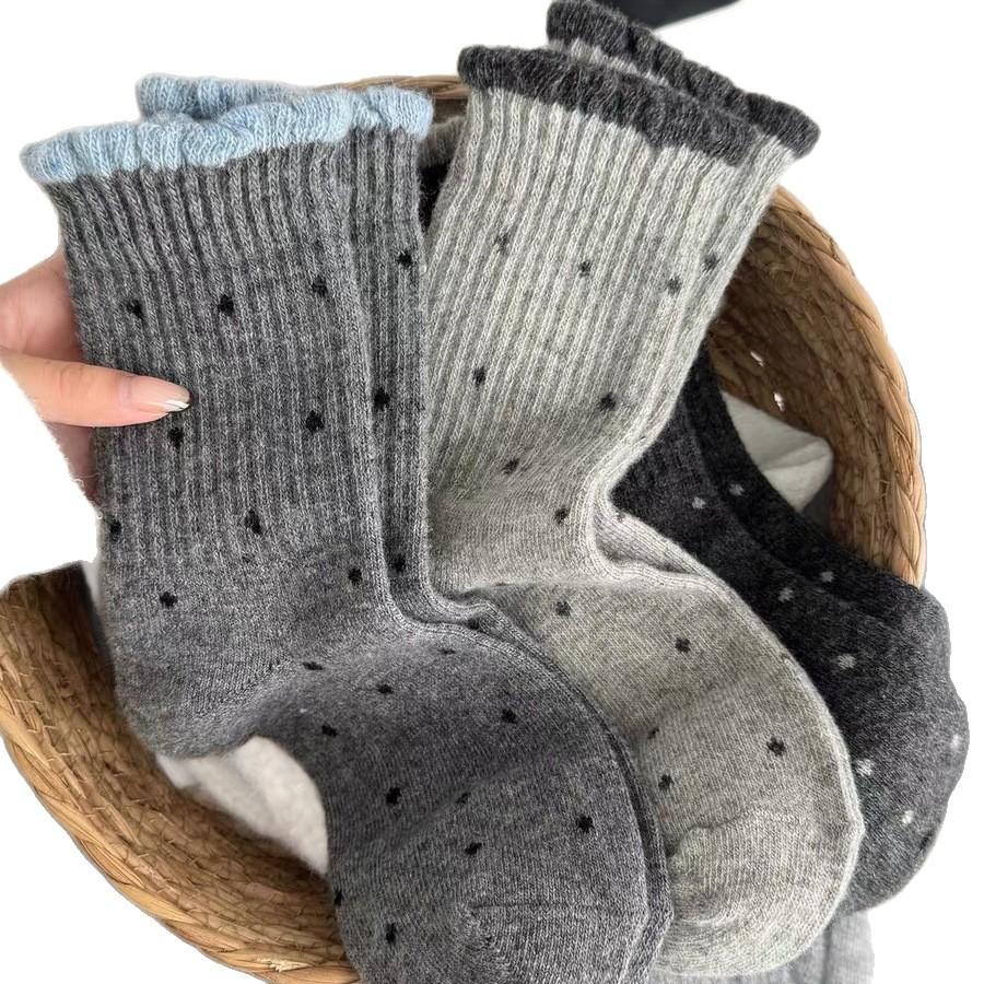 Polka Dot Wool Socks Season Gray Socks Thickened Warm Cashmere Cotton Socks Vintage Lace Stockings