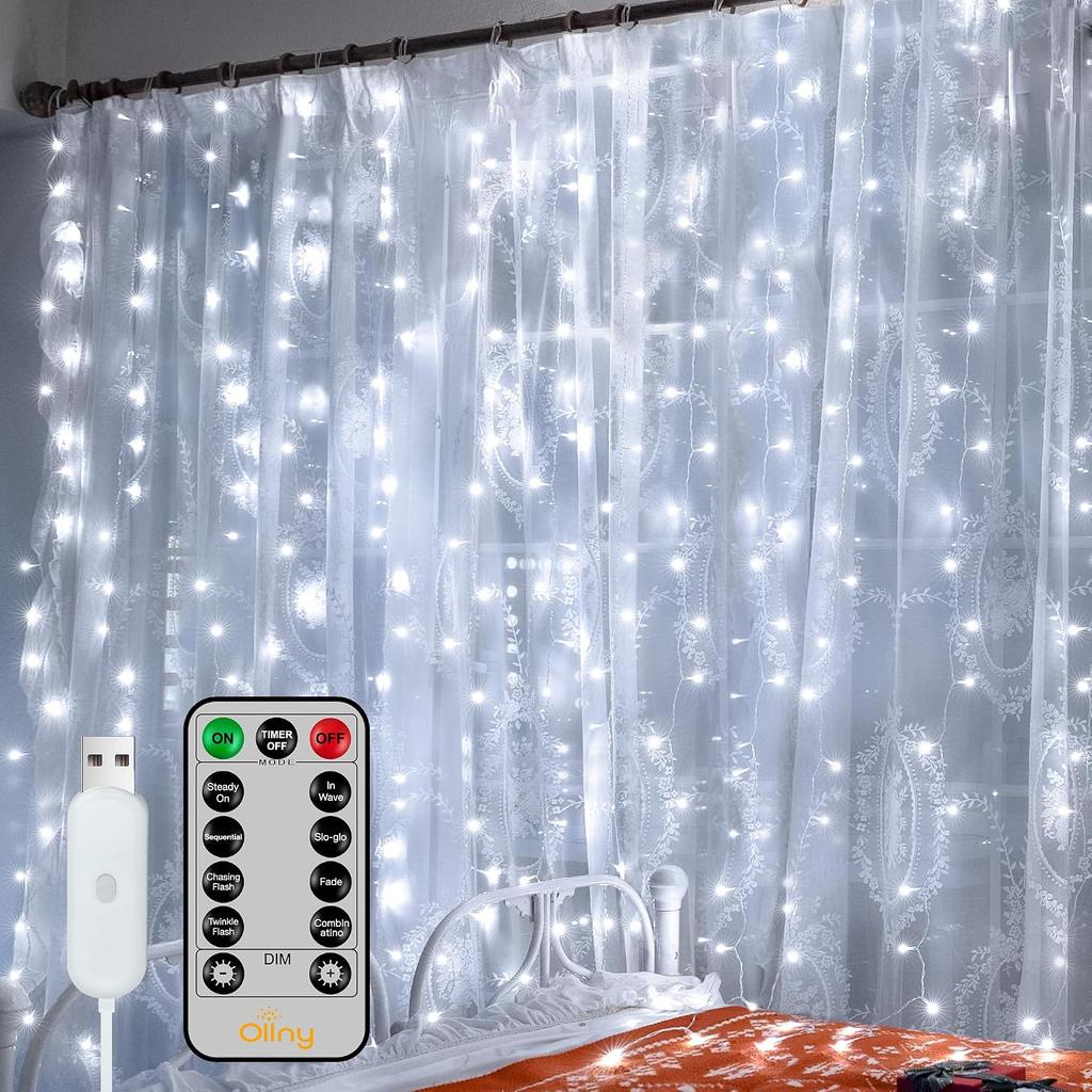 Ollny Christmas Curtain Lights 300 LED 9.8 FTx9.8 FT, Outdoor Waterproof Curtain String Lights with Remote Timer 8 Modes, USB Waterfall Window Lights