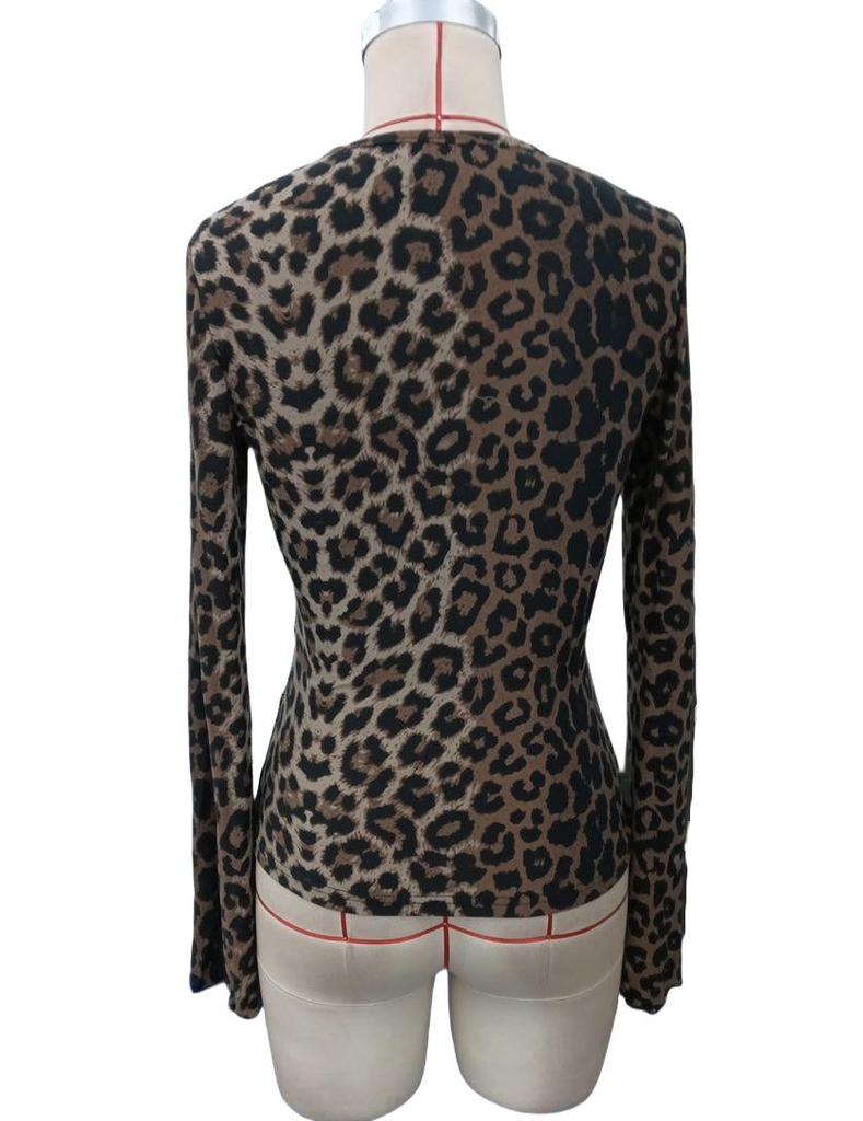 Euro-American Leopard Print Layered V-Neck Bell Sleeve Slim Fit Knitted T-Shirt for Women (2025 Collection)