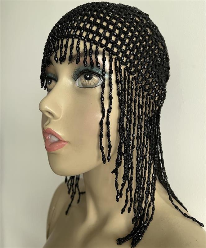 1920s Flapper Beaded Headpiece Handcrafted Tassel Cap Belly Dance Performance Bridal Hair Accessory чёрный