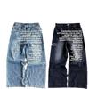 Pantalones vaqueros anchos para hombre con estampado de letras retro americano y lavado