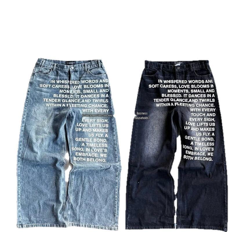 Pantalones vaqueros anchos para hombre con estampado de letras retro americano y lavado