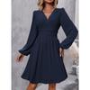 Autumn and Winter Women's Jacquard V-neck Lantern Sleeve Range Dress