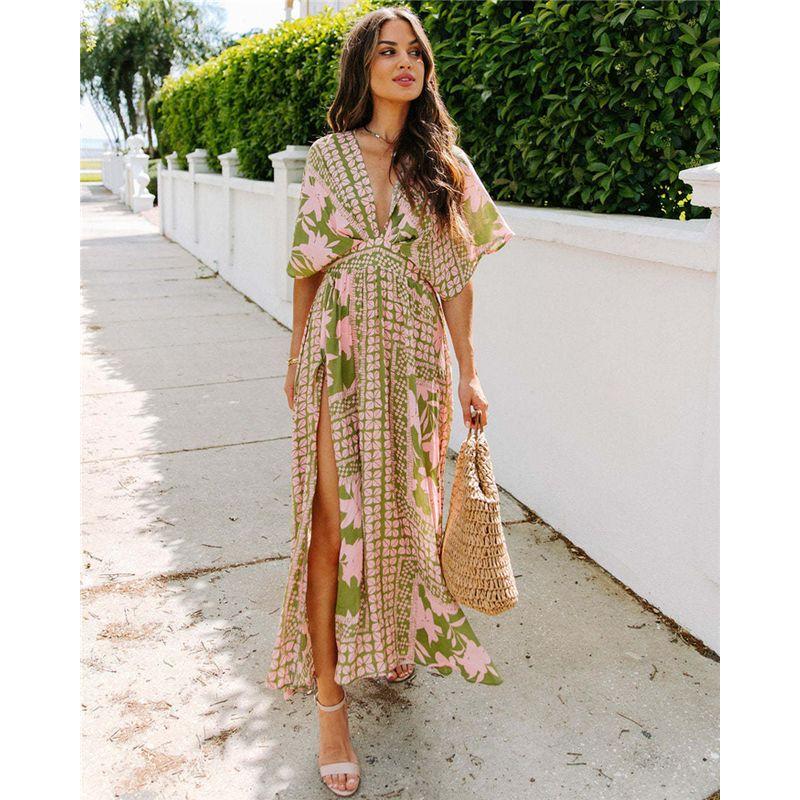 

Fashion Fashion Sexy High Waist Floral Print Slit Dress Long Dress Sexy Wrap Slit Maxi Dress Green S