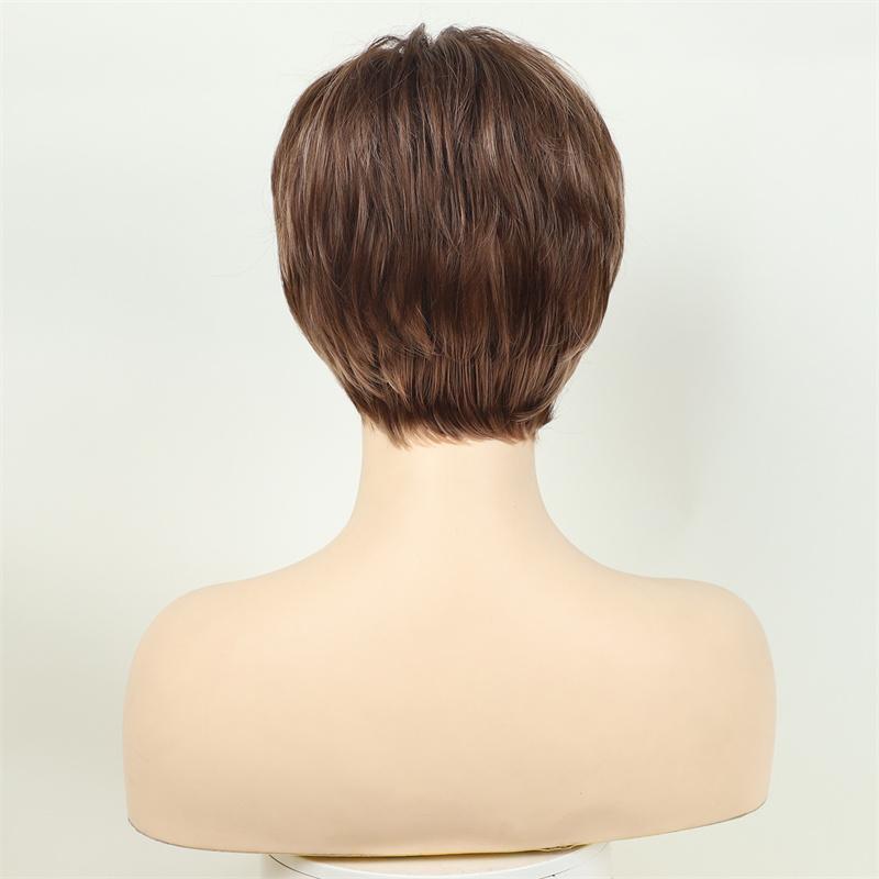 Synthetische Natürliche Pixie Cut Perücken für Frauen Weiches Haar Kurze Braune Perücke mit Pony Hitzebeständig Täglich Lässig Mami Perücke