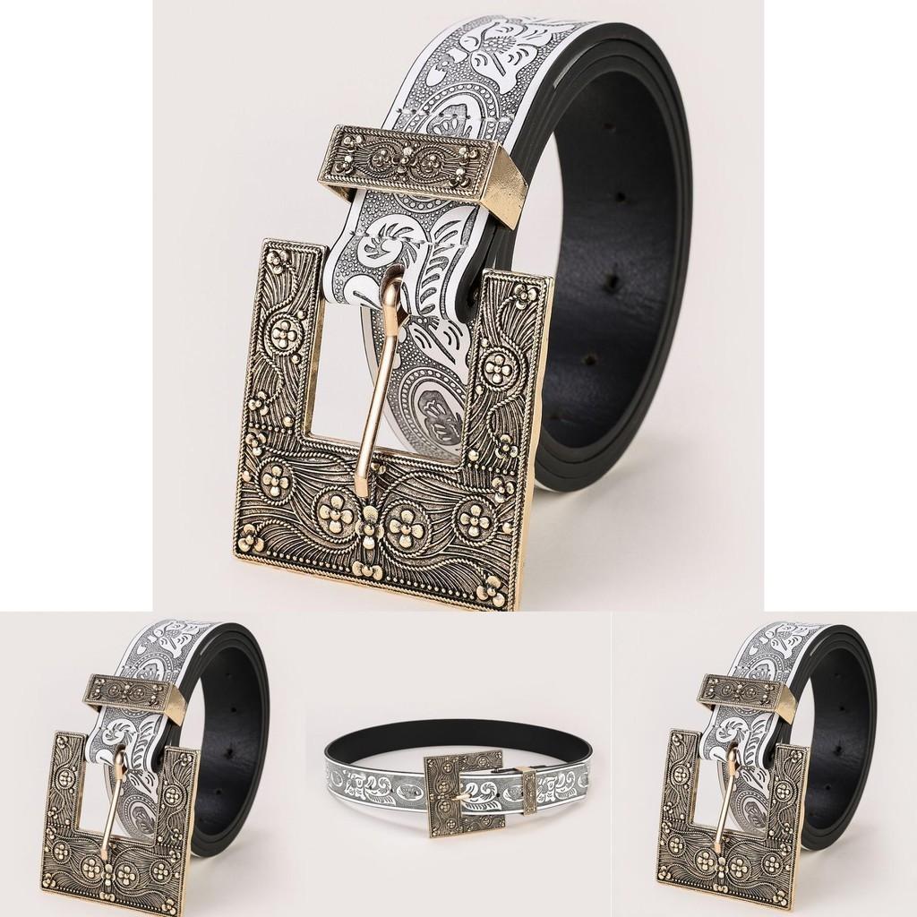 Vintage National Style Embossed Metal Buckle Floral Pu Leather Belt For Jeans