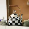 Checkered Black & White Enamel Kettle with Diamond Lid, Wooden Handle, Angled Spout, 2L Capacity - Classic All-Season Teapot