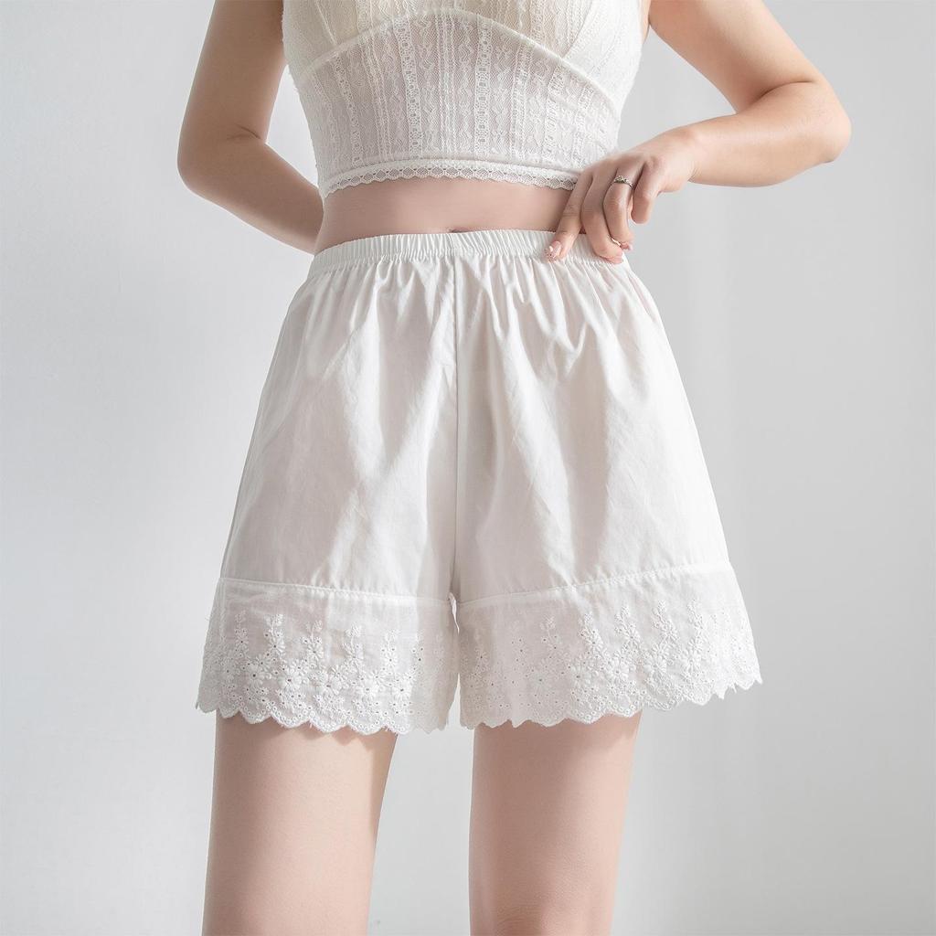 26 Summer Women's Pure Cotton Lace Trim Hanfu Safety Shorts – Anti-Exposure, Loose Fit, Outdoor Wear, White