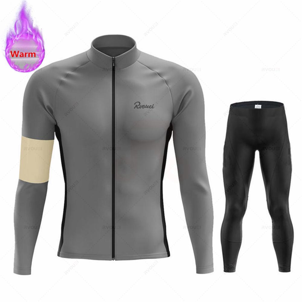 Winter Rvouei Cycling Clothing Men's Thermal Fleece Bicycling Clothing Set Outdoor MTB Bike Bib Pants Ropa Maillot Ciclismo