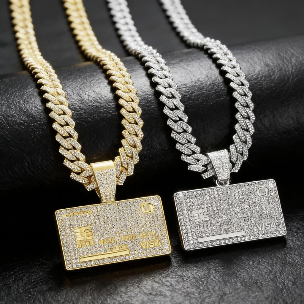 Men's Trendy Streetwear Diamond-Covered Bank Card Tag Pendant Necklace with Cuban Chain