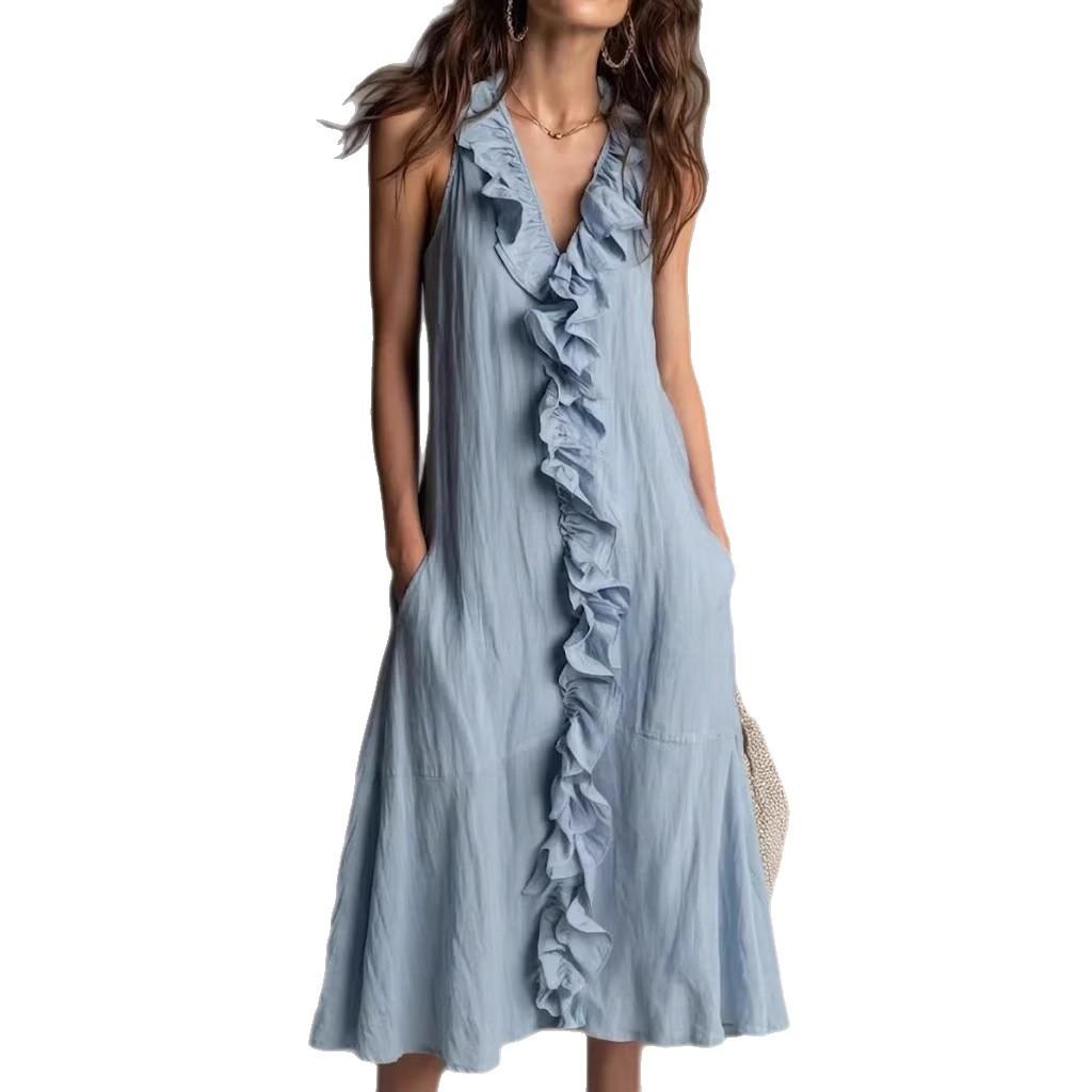 Women's Spring Summer Cotton Linen Midi Dress Sleeveless V Neck Ruffle Trim Loose A-Line Big Swing Casual Dress with Pockets for Vacation Daily Wear