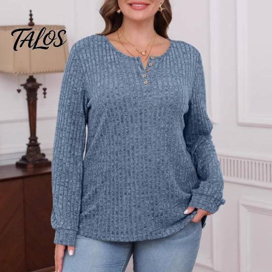 Damen Langarm Tops Geripptes Top, Lockere Freizeitbluse mit Knopf, Einfarbiger Pullover Rundhals-T-Shirt für Frühling Herbst Knopf
