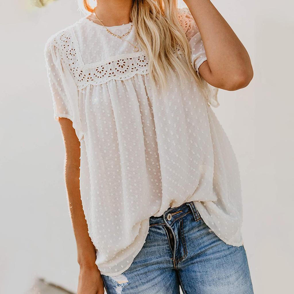 Women Fashion Lace Short Sleeve Casual T-shirt Round Neck Loose Top