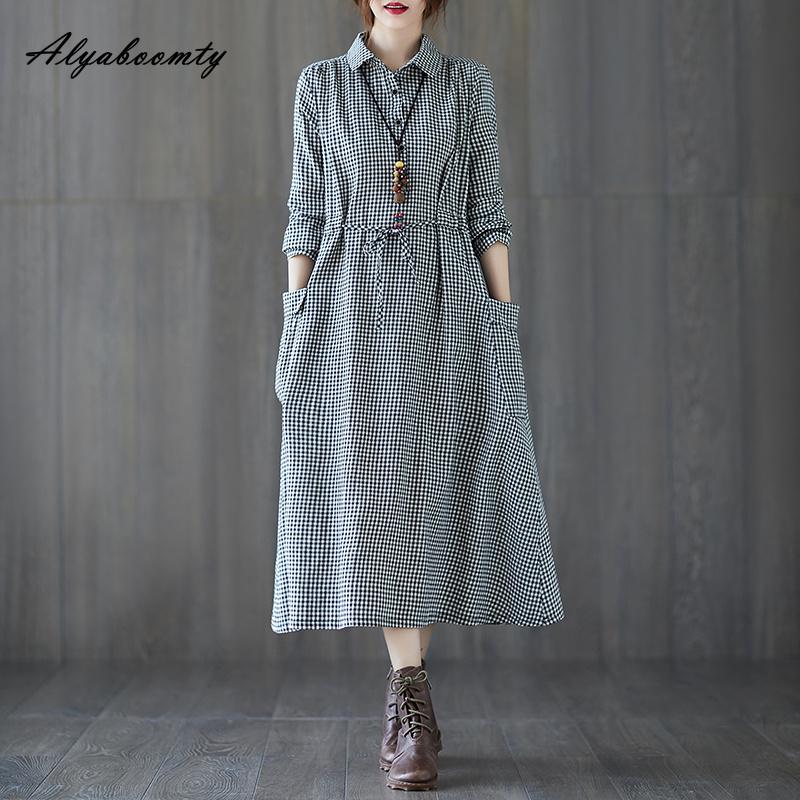 Korean Style Spring Autumn Women Midi Shirt Dress Turn-Down Collar Plaid Casual Loose Dress With Pockets Vintage Elegant Ladies' Basic Dress