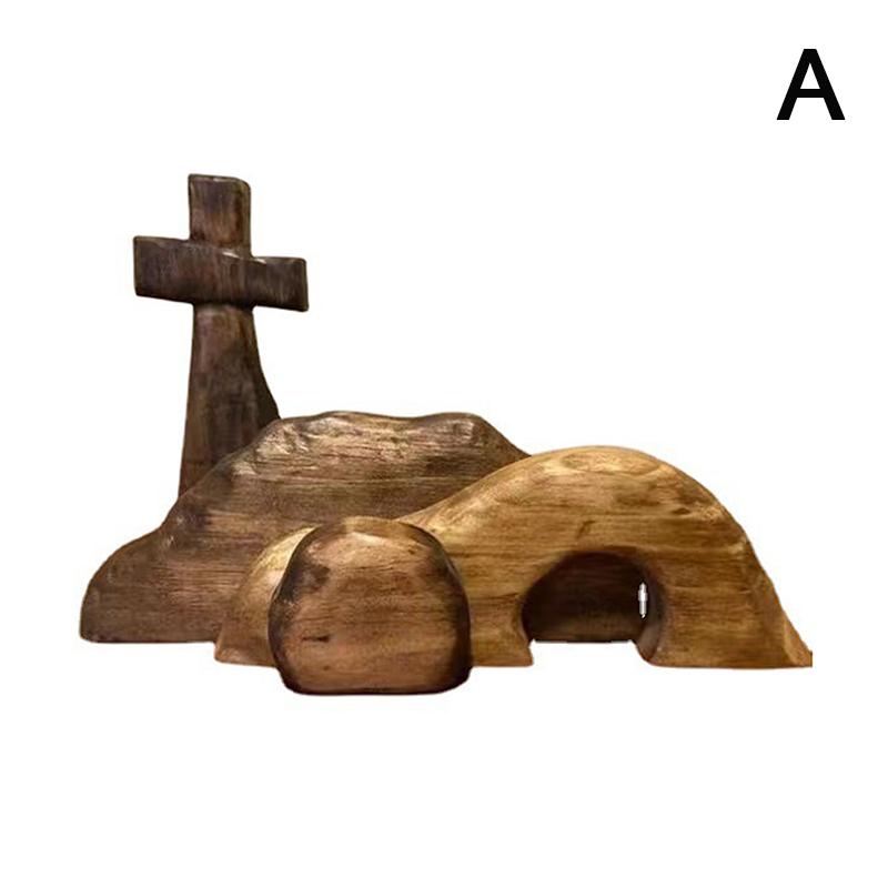 4pcs/set Wooden Easter Tomb Scene Jesus Nativity Scene Wooden Cross Empty Tomb Statue Set Easy Assemble Easter Decor A