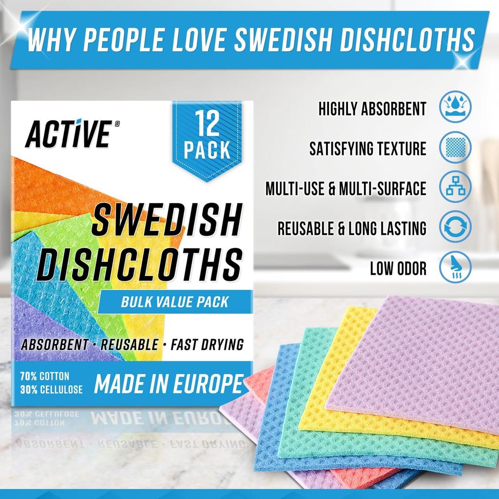ACTIVE Swedish Dish Cloths for Kitchen 12 Pack Cellulose Sponge Cloth, Washable Dishcloths for Washing Dishes, Original an Dish Towels, Absorbent