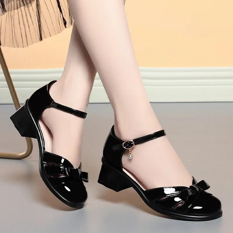 4.5cm Comfortable Fashion Sweet Bow Close Head Leather Sandals Summer 2024 Med Block Heels Shoes for Office Mom Daily Girls