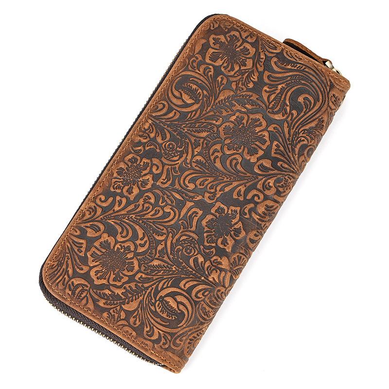 Men'S Crazy Horse Leather Wallet Retro Embossed Fashion Long Wallet Leather Zipper Clutch Multi-Card Mobile Phone Money