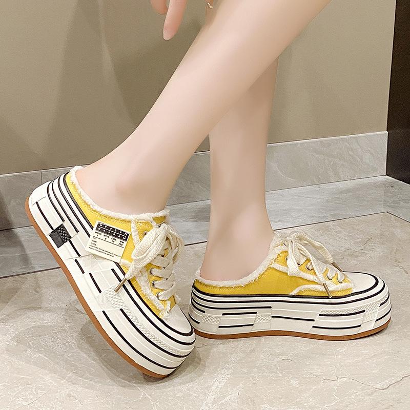 Fashion versatile thick-soled high canvas shoes for women's 2025 spring and autumn new comfortable lace-up outer wear casual soft sole half drag