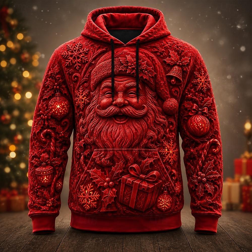 Men Unisex 3D Print Hoodie Embossed Style Deer Christmas Ornament Pullover Long Sleeve Casual Holiday Sweatshirt Winter Top