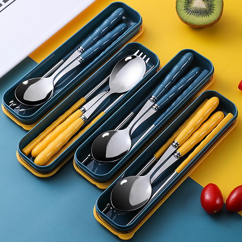 New 3Pcs Chopsticks Spoons Forks Sets Of Stainless Steel Portable Tableware Reusable Travel Picnic Cutlery With Box