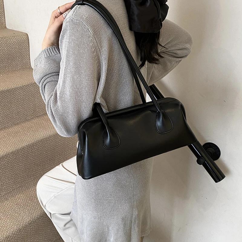 Solid Color PU Leather Underarm Bags For Women 2025 Spring Korean Fashion Retro Simple Shoulder Bag Lady Handbags And Purses