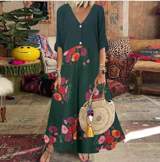 V-neck Short-Sleeve Printed Long Button-Up Casual Dress