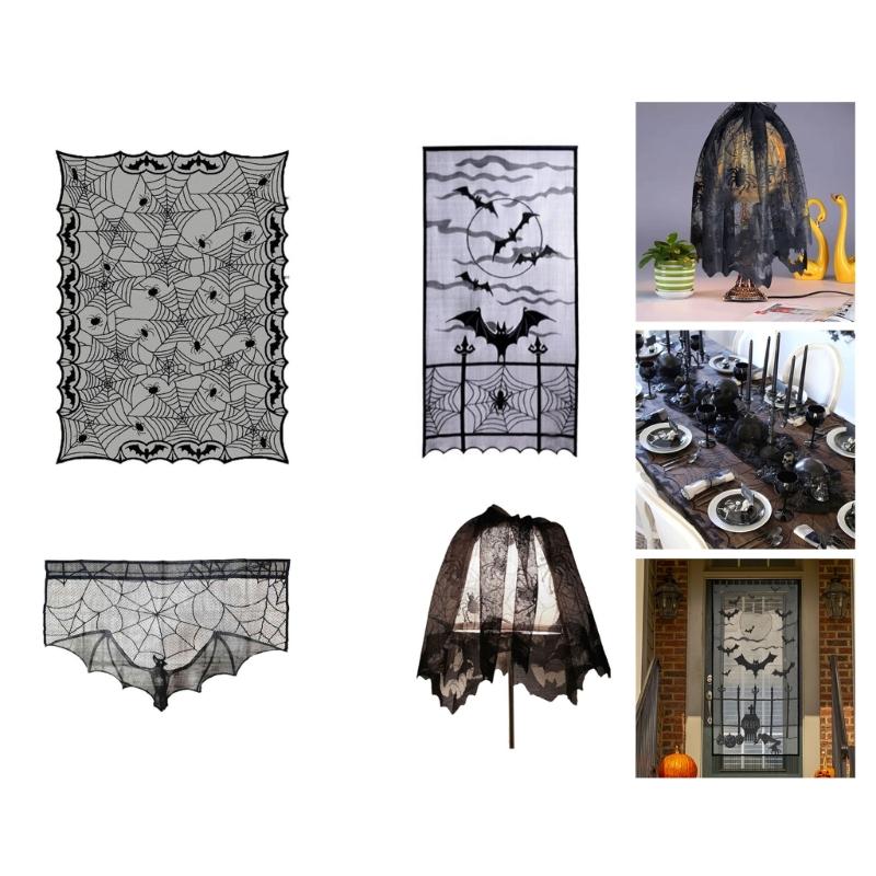 Cobweb Lace Table Runner and Rectangular Mantel Scarf Cover for Holiday Party Decoration, Black Spiderweb Mantel Scarf