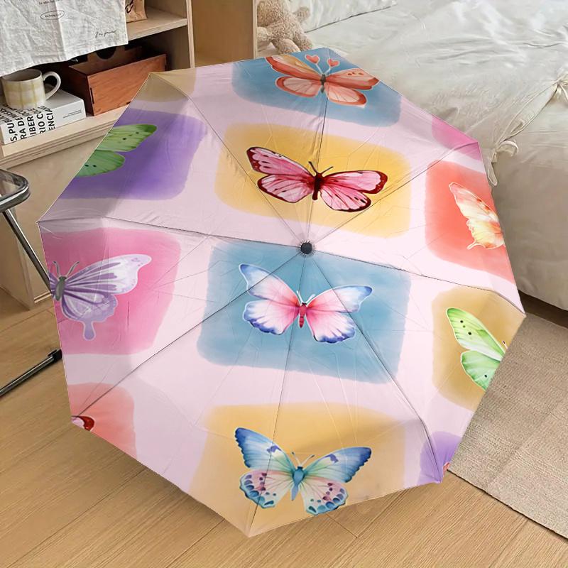 Colorful Butterfly Print Automatic Opening/Closing Umbrella with Foldable Design, Iron Frame Outdoor Rain Gear for Festivals, Travelers, Dai