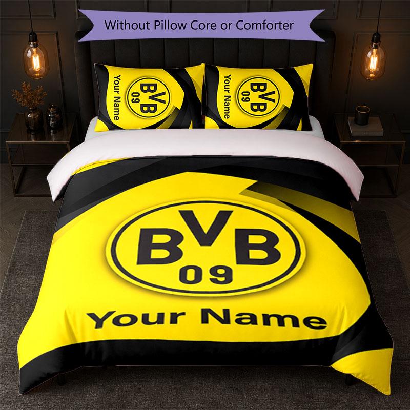 Set Biancheria da Letto Personalizzato Borussia Dortmund con Nome Testo 1 Copripiumino+2 Federe Logo Calcio Regalo Personalizzato per Occasioni Speciali Decorazione Camera da Letto