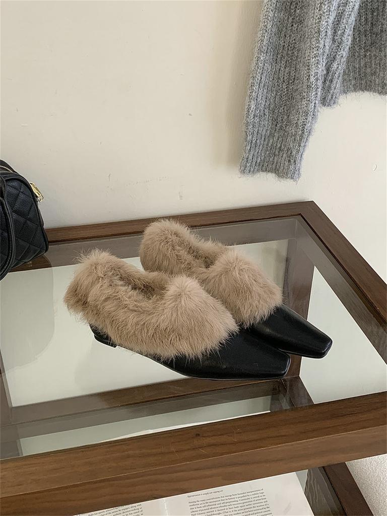 Winter simple square head thick heel fluffy shoes women's comfortable one-pedal elegant lazy shoes shallow single shoes