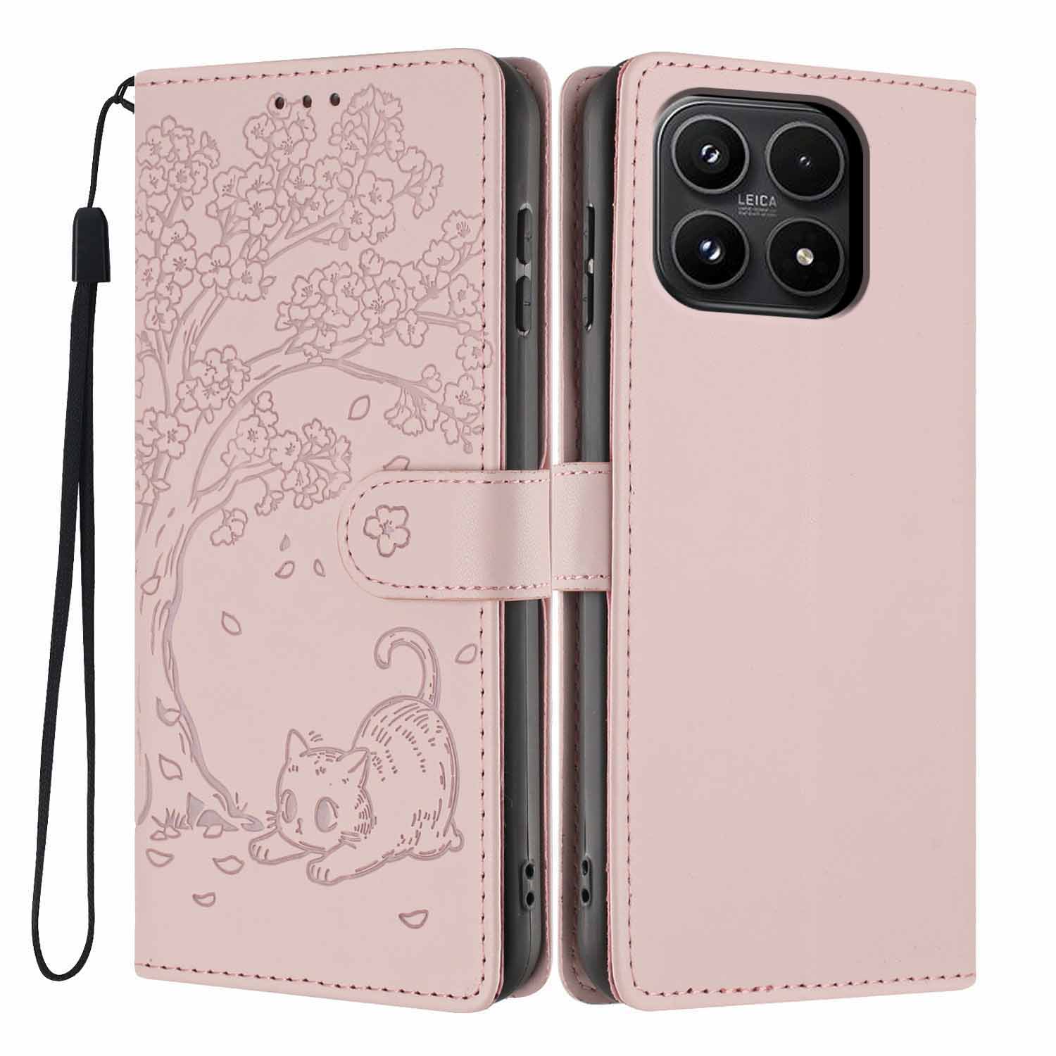 For Xiaomi 17 Stand Case Tree-and-Cat Pattern PU Leather Wallet Protective Phone Cover with Wrist Strap