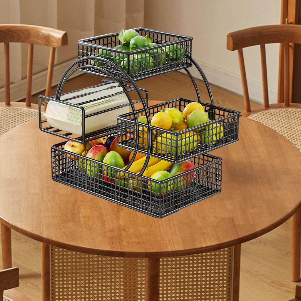 Iron Triple Layer Fruit Basket Snack Tray Open Access Design Smooth Edges Accessories 11.8x7.8x11.8inch with Tissue Box Holder