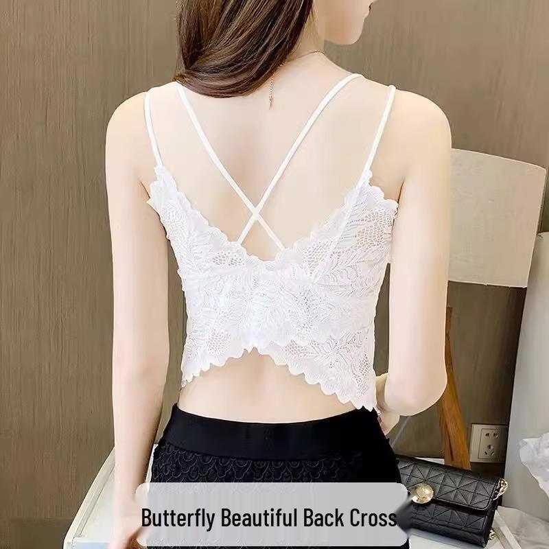 Butterfly Lace Wrap Chest Cross Strappy Tank Top with Pads - Sexy, Thin Bandeau Base Layer Lingerie for Women
