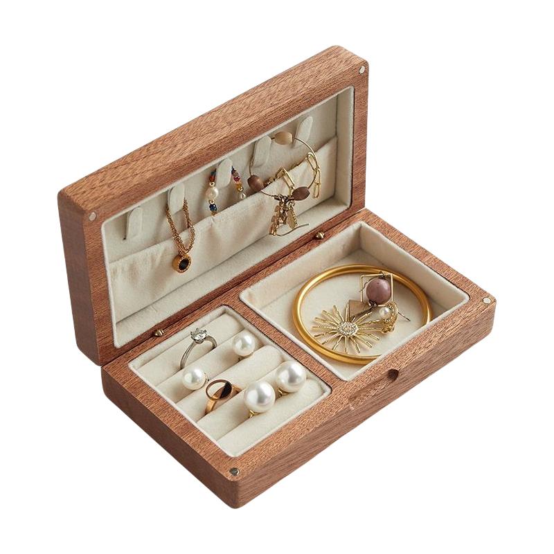 

Portable Flannelette Jewelry Storage Box High-end Luxurious Black Walnut Vintage Necklace Earrings Portable Travel Pure Wood NEW