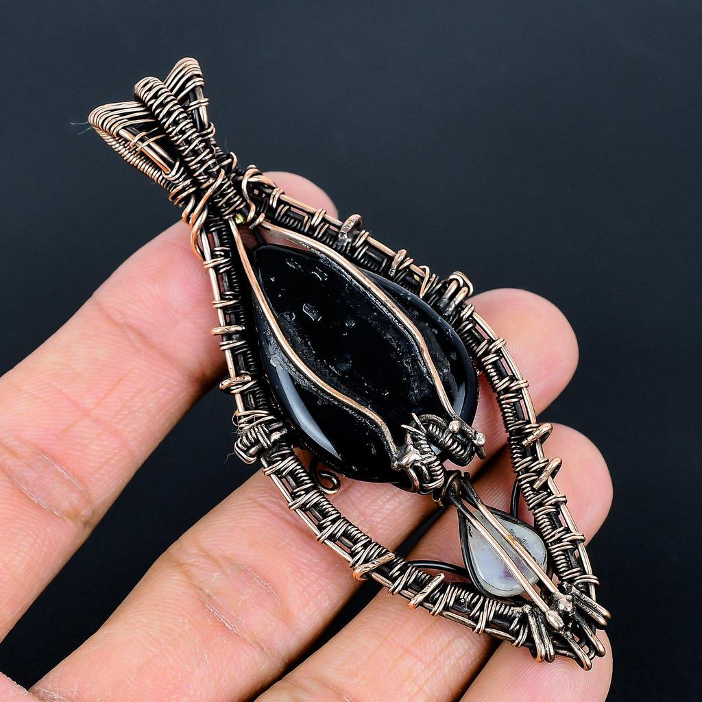 Black Onyx 999 Copper Wire Wrapped Gemstone Jewelry, Handmade Tree Of Life Moonstone Pendant, For Thanksgiving