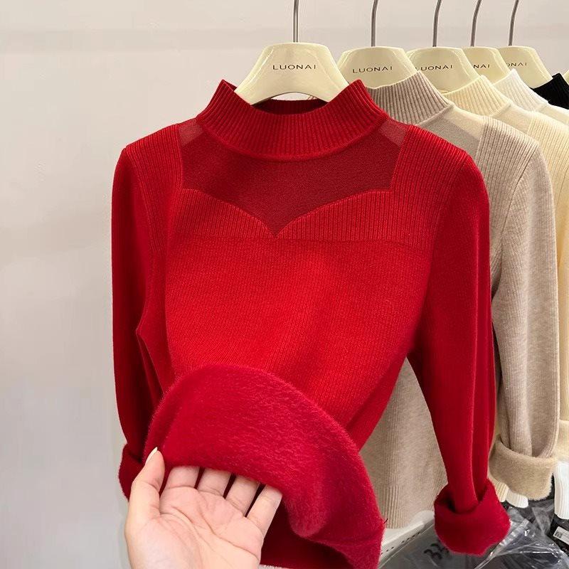 Women's Fleece-Lined Sweater: Thickened Winter Top with Mesh Design and Semi-High Collar for Autumn and Winter.