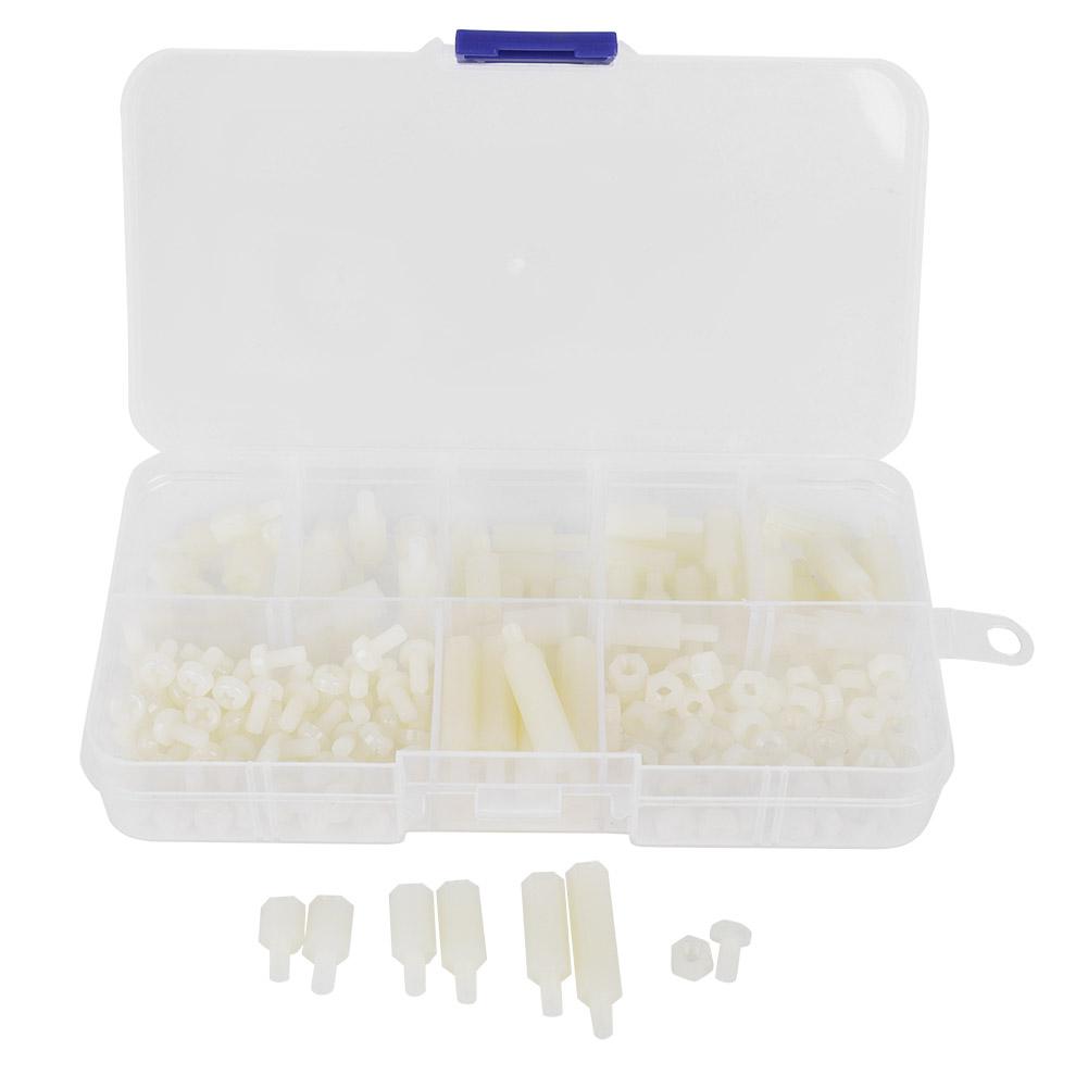 180 Stück Box M3 Nylon Schraube Mutter Außengewinde Innengewinde Abstandshalter Kombinations Sortimentskasten(Weiß )