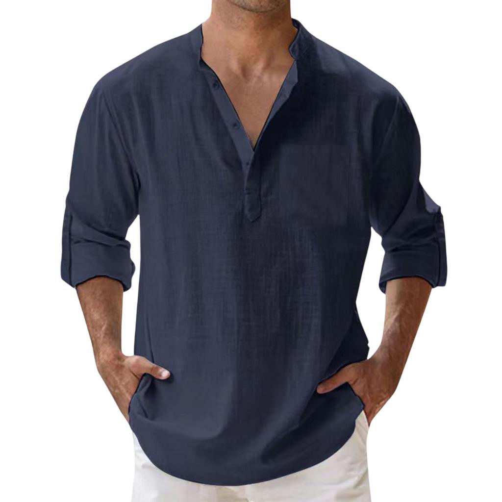 Pánská móda Stojáček Jednobarevná košile Ležérní top s dlouhým rukávem