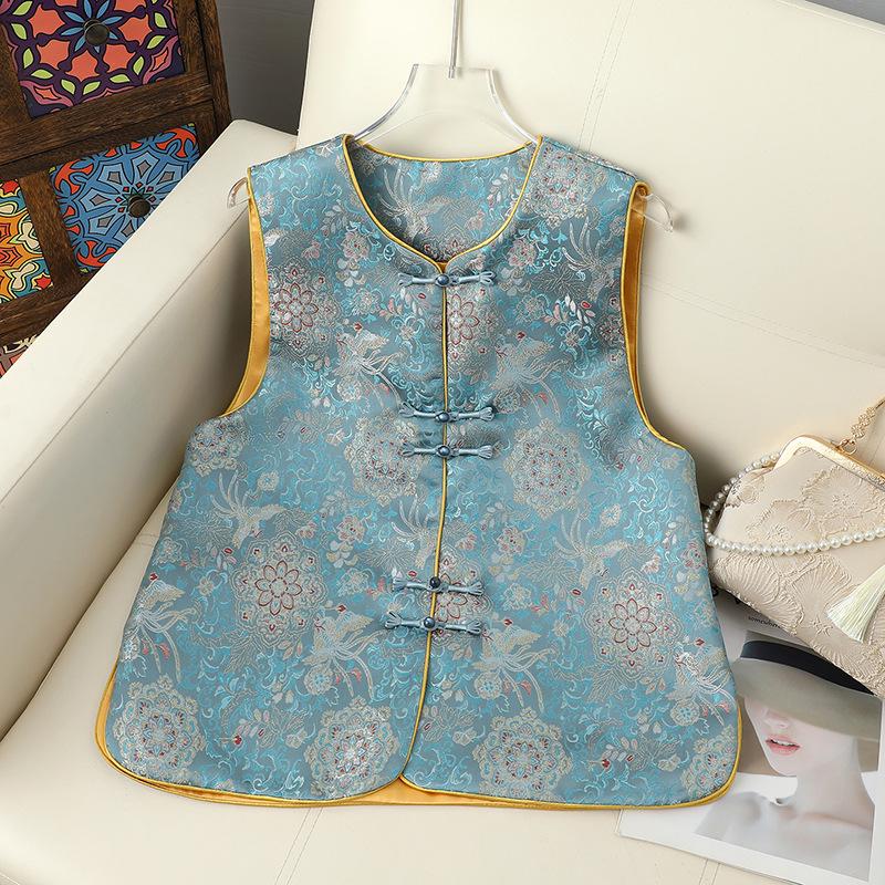 2026 New Chinese Style Jacquard Round Neck Vest - Tang Suit Outerwear 3XL синий