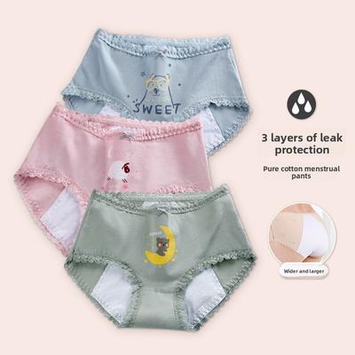 Ladies Spring and Autumn Printed Lace Cotton Period Side Leakage Prevention Mid Waist Triangle Briefs