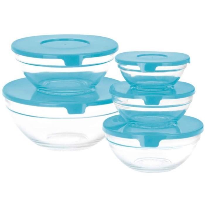 Bol en verre - PROVENCE OUTILLAGE - 10pcs - Couvercles bleus - Empilables - Diamètres variés