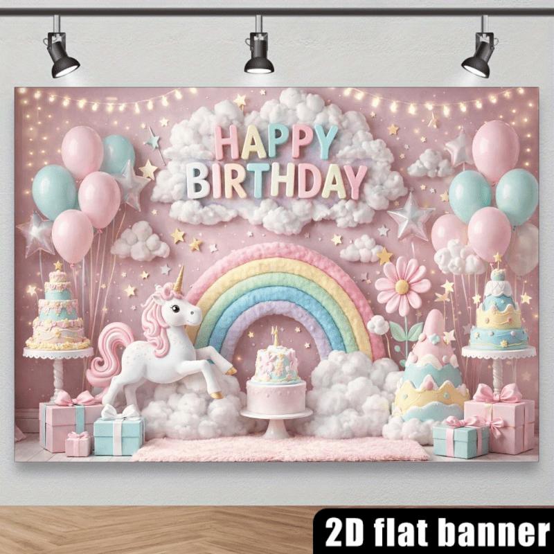 2D Plane Fantasy Unicorn Birthday Party Backdrop Fabric Soft Pink Wall with Warm Light String Lights