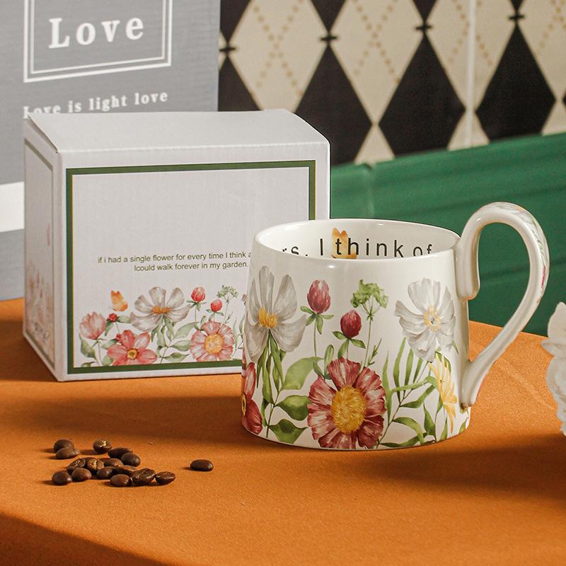 Large Capacity Hand-Painted Cartoon Flower Ceramic Mug - Souvenir Coffee & Water Cup